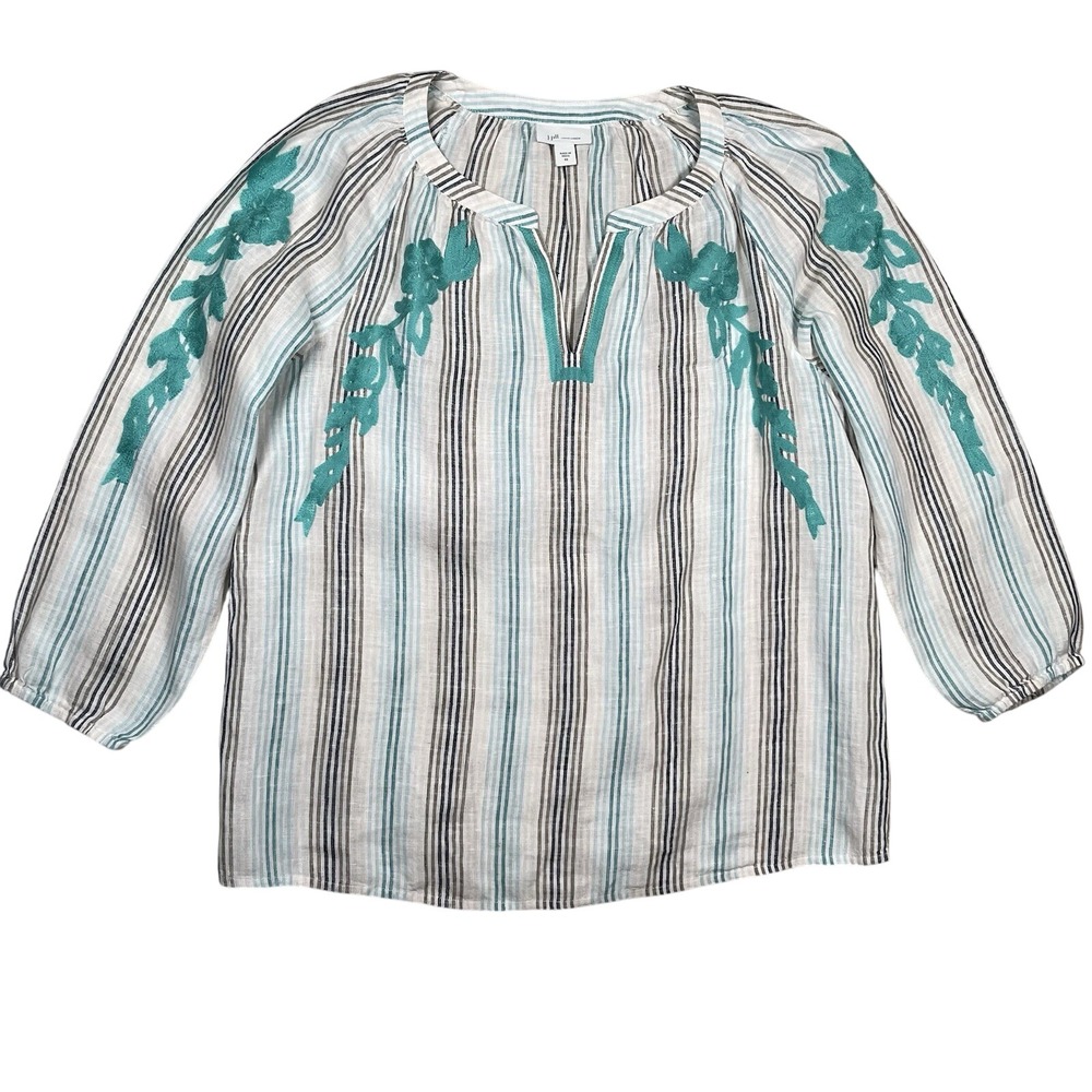 J. Jill Love Linen Women's Embroidered Tunic Top Size XS Striped Floral Popover